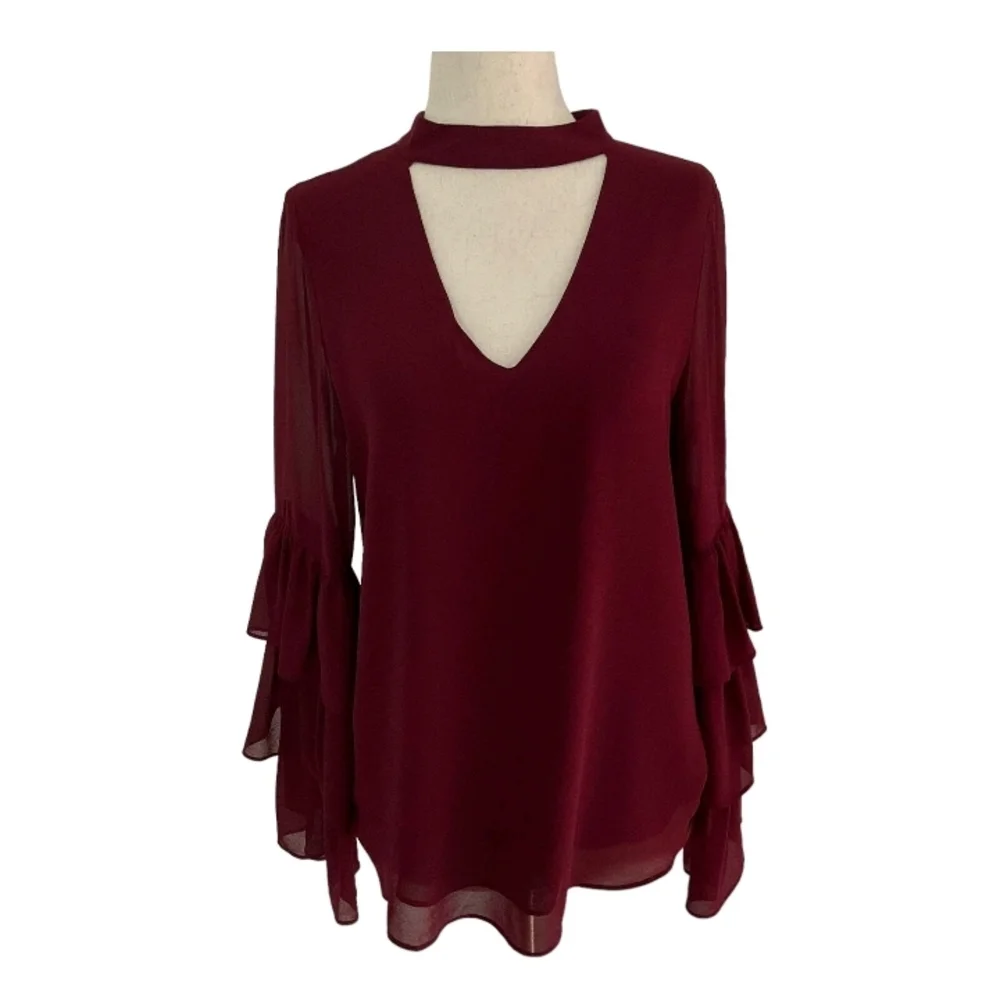 Naked Zebra Wine Ruffle Bell Sleeve Chiffon Top Women's Size Small Beautiful❤️ - Picture 10 of 11